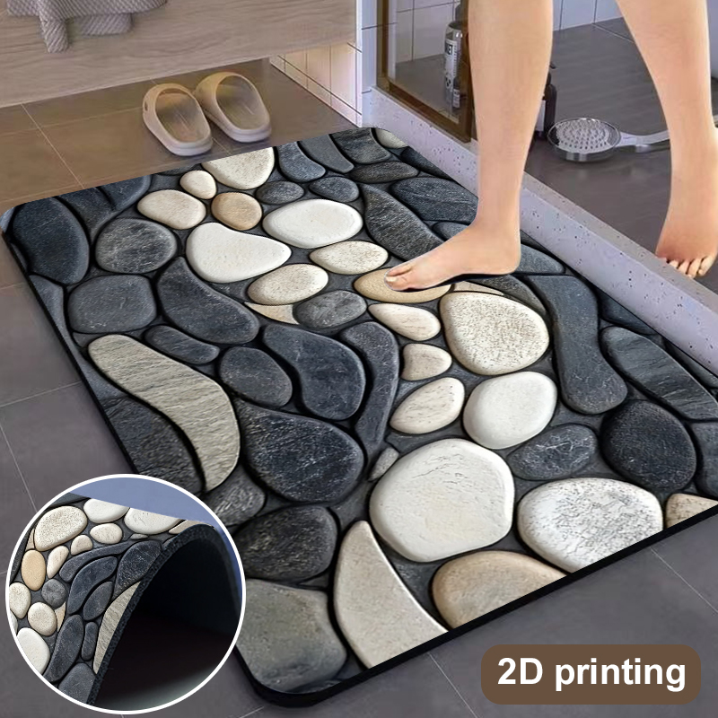 Bamboo Bath Mat - سجادة أرضية من الدياتومايت بنمط الحصى،